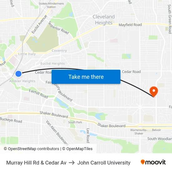 Murray Hill Rd & Cedar Av to John Carroll University map