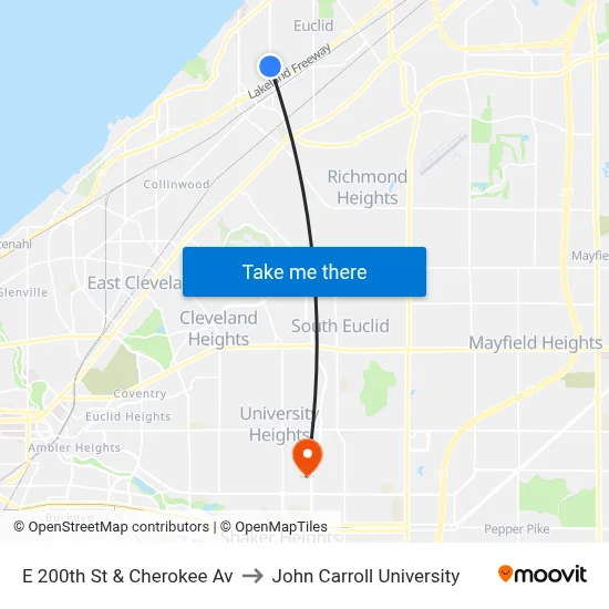 E 200th St & Cherokee Av to John Carroll University map