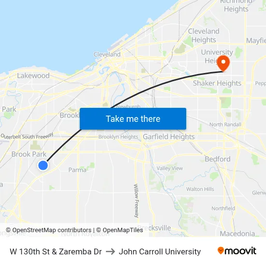 W 130th St & Zaremba Dr to John Carroll University map