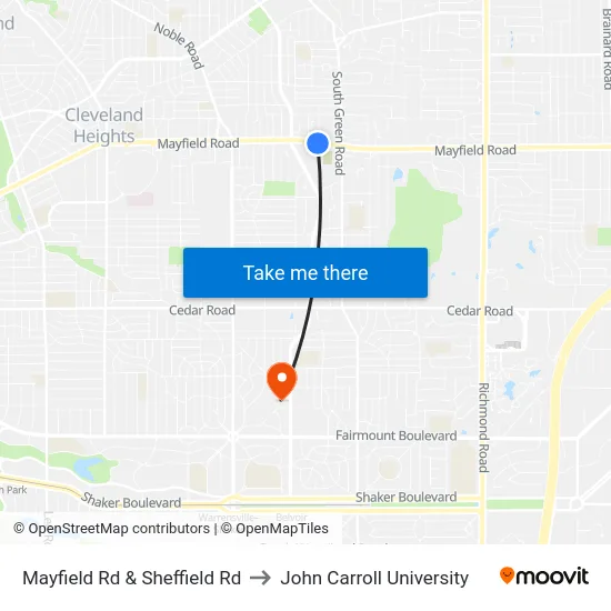 Mayfield Rd & Sheffield Rd to John Carroll University map