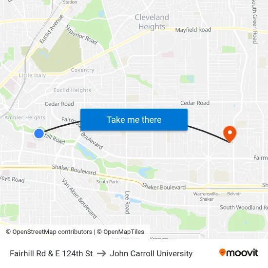Fairhill Rd & E 124th St to John Carroll University map