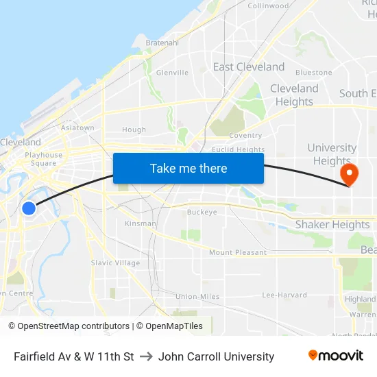 Fairfield Av & W 11th St to John Carroll University map