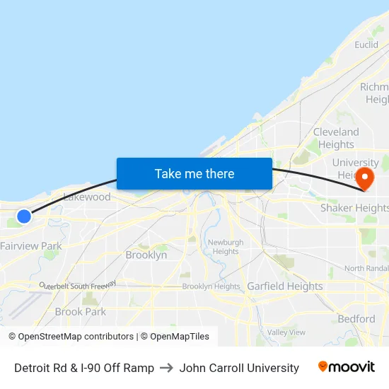 Detroit Rd & I-90 Off Ramp to John Carroll University map