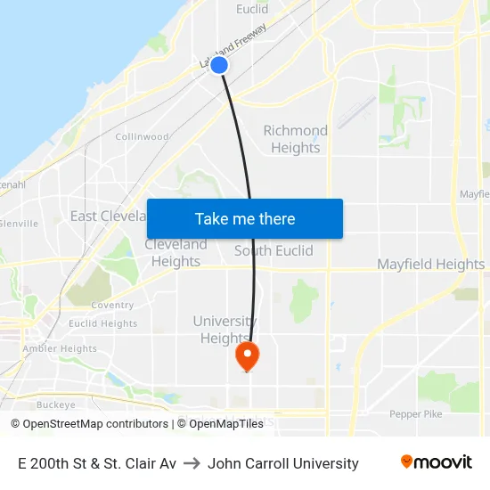 E 200th St & St. Clair Av to John Carroll University map