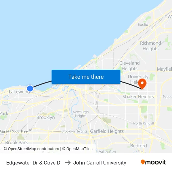 Edgewater Dr & Cove Dr to John Carroll University map