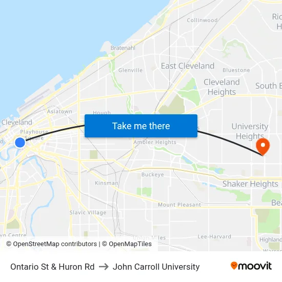 Ontario St & Huron Rd to John Carroll University map