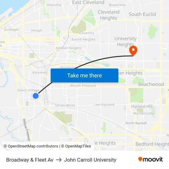 Broadway & Fleet Av to John Carroll University map