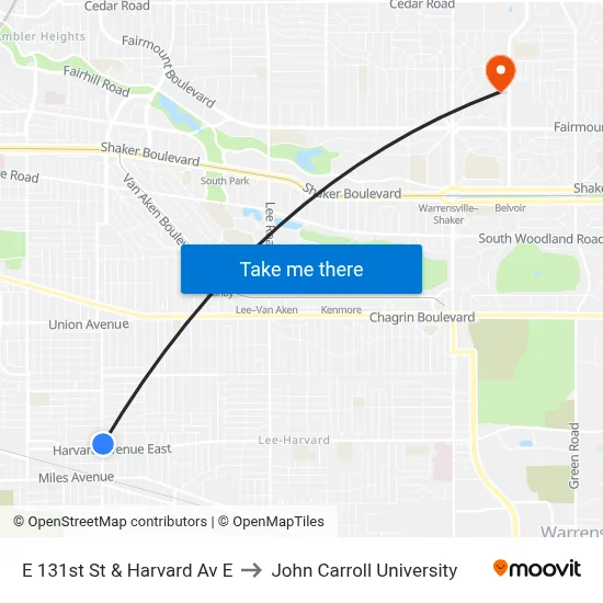 E 131st St & Harvard Av E to John Carroll University map