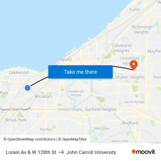 Lorain Av & W 128th St to John Carroll University map