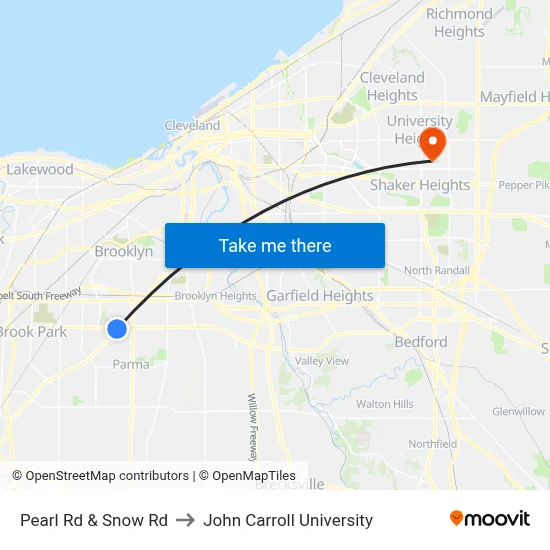 Pearl Rd & Snow Rd to John Carroll University map