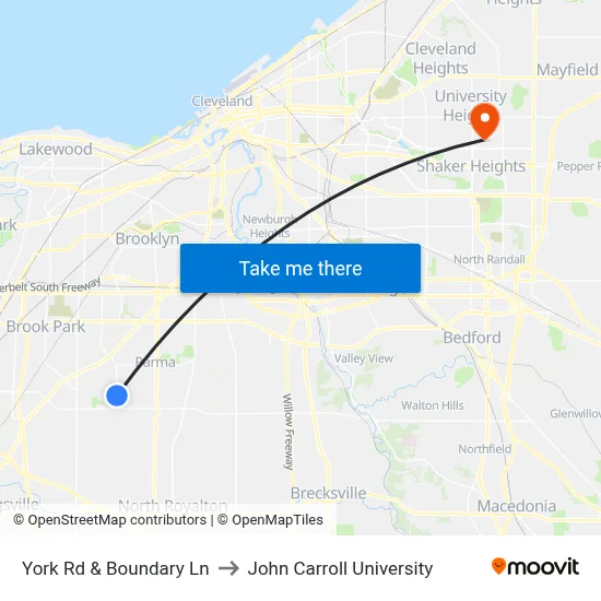 York Rd & Boundary Ln to John Carroll University map