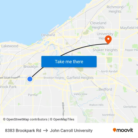 8383 Brookpark Rd to John Carroll University map