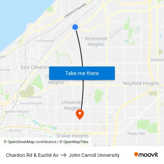 Chardon Rd & Euclid Av to John Carroll University map