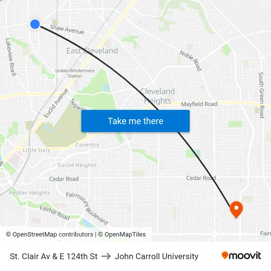 St. Clair Av & E 124th St to John Carroll University map