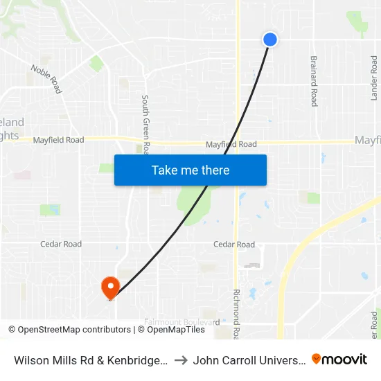 Wilson Mills Rd & Kenbridge Dr to John Carroll University map