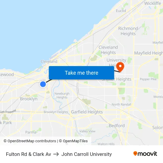 Fulton Rd & Clark Av to John Carroll University map