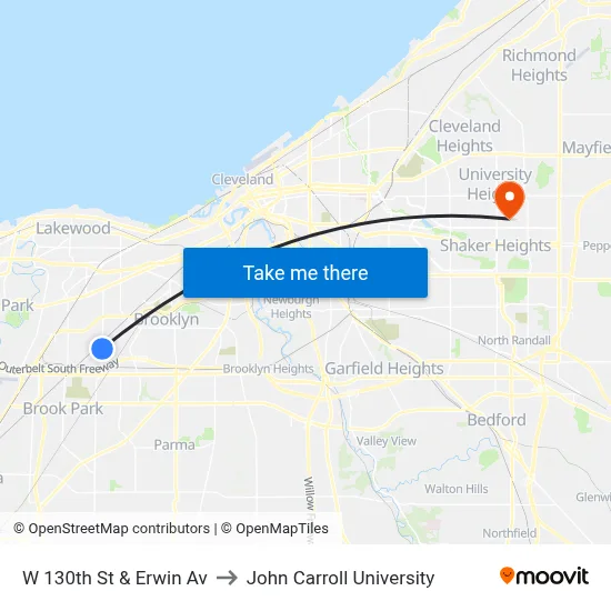 W 130th St & Erwin Av to John Carroll University map