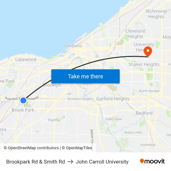 Brookpark Rd & Smith Rd to John Carroll University map