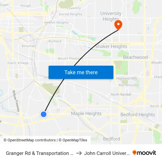 Granger Rd & Transportation Blvd to John Carroll University map