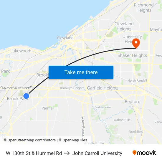 W 130th St & Hummel Rd to John Carroll University map