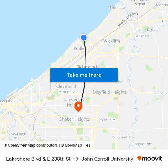 Lakeshore Blvd & E 238th St to John Carroll University map