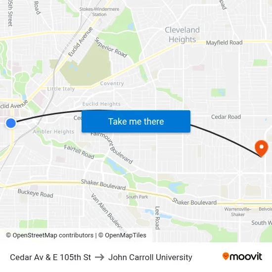 Cedar Av & E 105th St to John Carroll University map