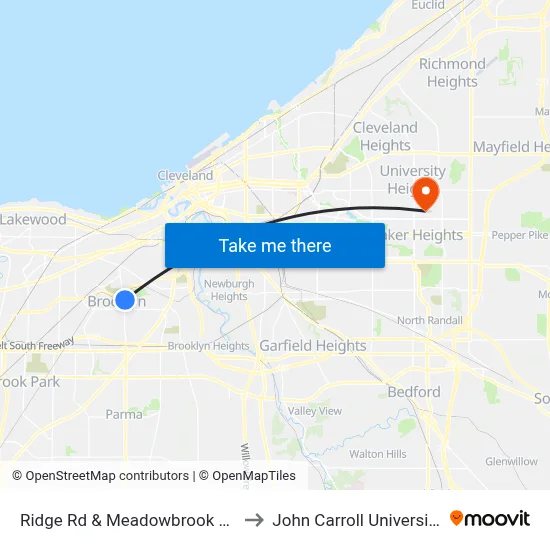 Ridge Rd & Meadowbrook Av to John Carroll University map