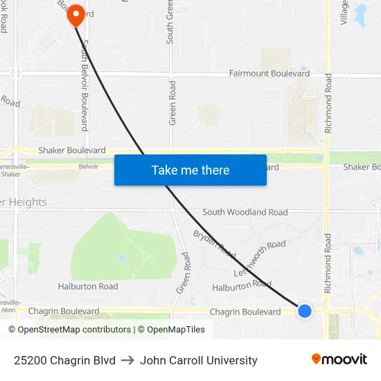 25200 Chagrin Blvd to John Carroll University map