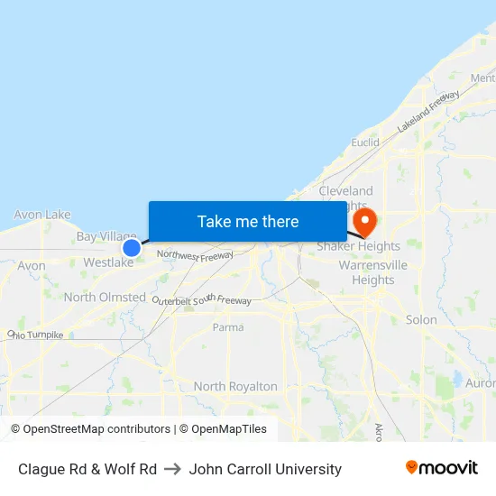 Clague Rd & Wolf Rd to John Carroll University map
