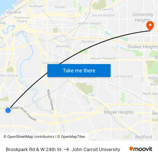 Brookpark Rd & W 24th St to John Carroll University map