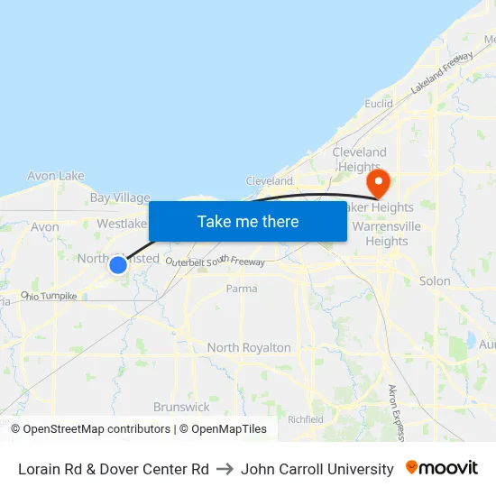 Lorain Rd & Dover Center Rd to John Carroll University map