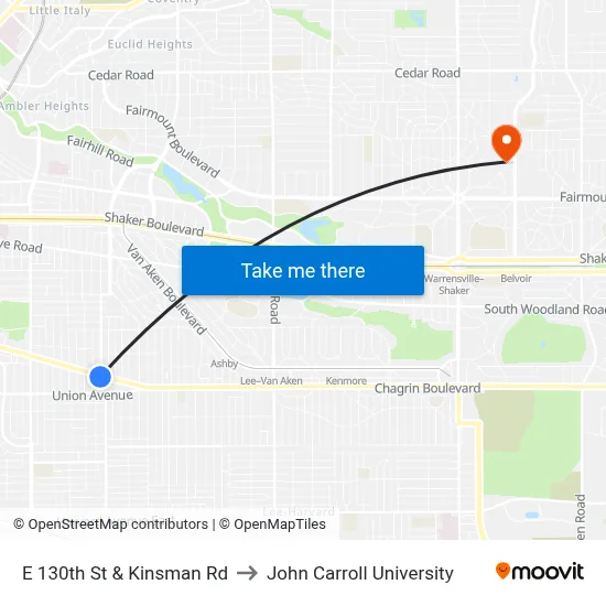 E 130th St & Kinsman Rd to John Carroll University map
