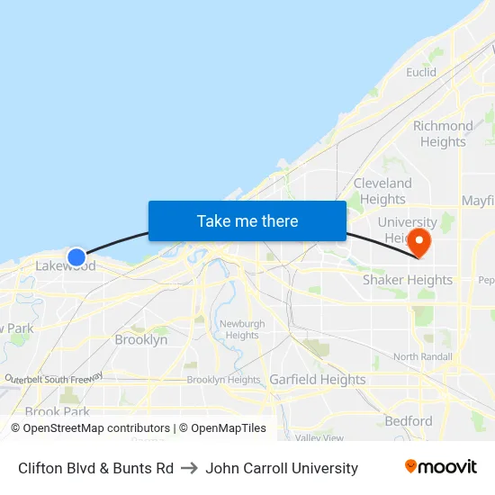 Clifton Blvd & Bunts Rd to John Carroll University map