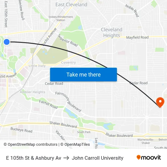 E 105th St & Ashbury Av to John Carroll University map