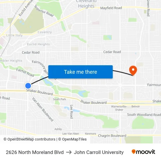 2626 North Moreland Blvd to John Carroll University map