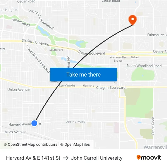 Harvard Av & E 141st St to John Carroll University map