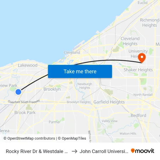 Rocky River Dr & Westdale Av to John Carroll University map