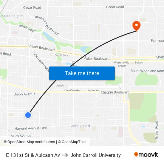 E 131st St & Aulcash Av to John Carroll University map