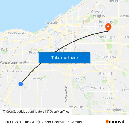 7011 W 130th St to John Carroll University map