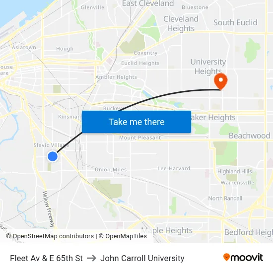 Fleet Av & E 65th St to John Carroll University map