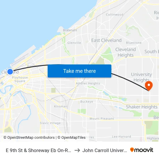E 9th St & Shoreway Eb On-Ramp to John Carroll University map