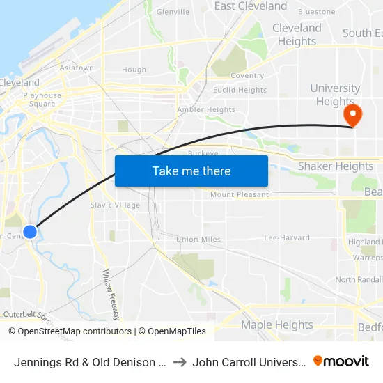 Jennings Rd & Old Denison Av to John Carroll University map