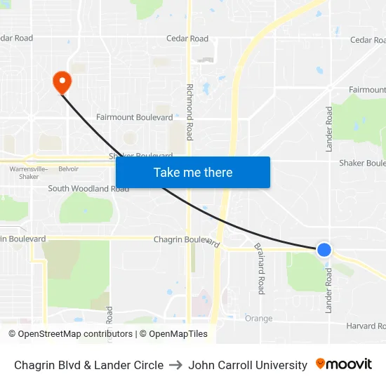 Chagrin Blvd & Lander Circle to John Carroll University map