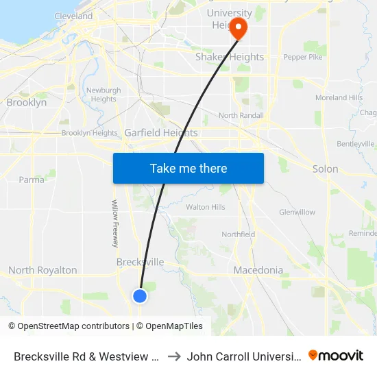 Brecksville Rd & Westview Dr to John Carroll University map