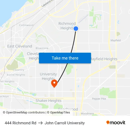 444 Richmond Rd to John Carroll University map