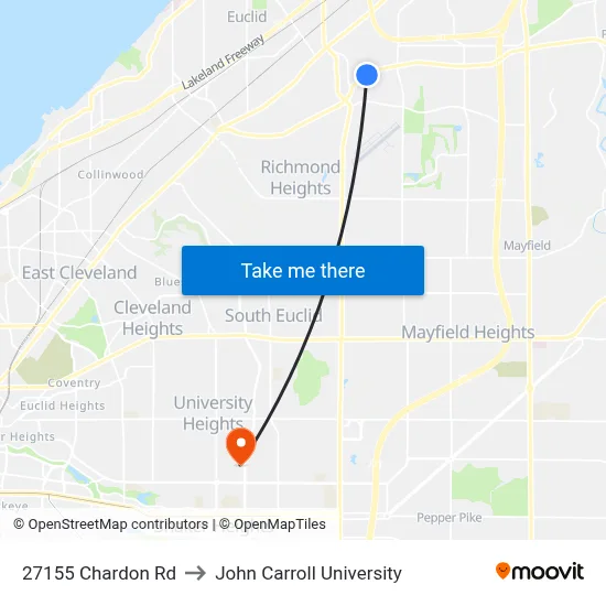 27155 Chardon Rd to John Carroll University map
