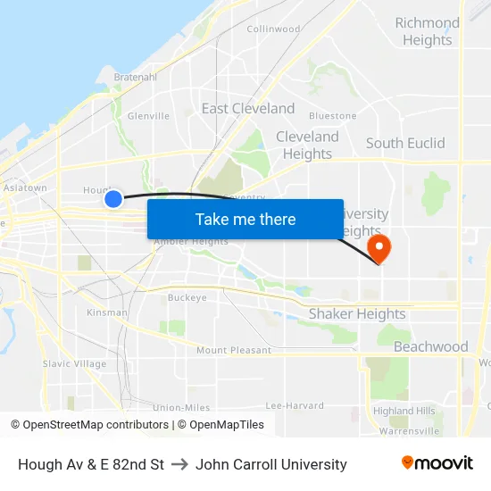Hough Av & E 82nd St to John Carroll University map