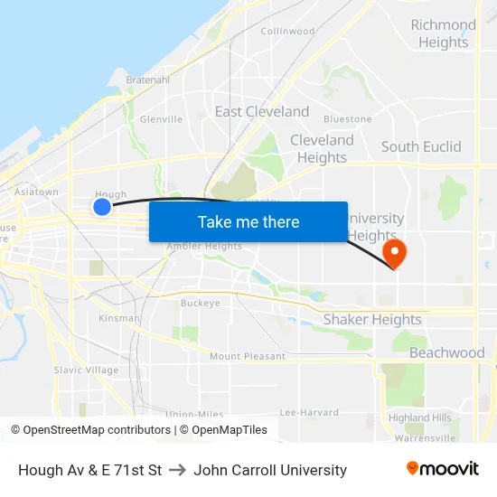 Hough Av & E 71st St to John Carroll University map