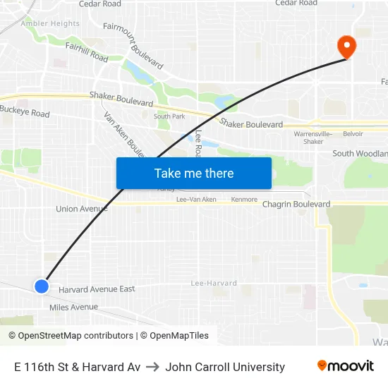 E 116th St & Harvard Av to John Carroll University map