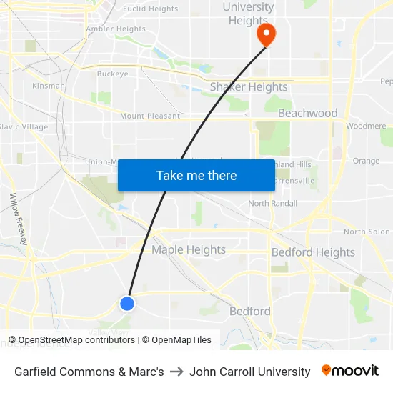 Garfield Commons & Marc's to John Carroll University map